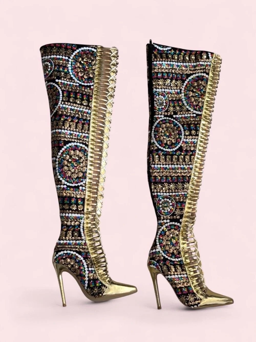 TGC Boutique Multicolor Sequin Gold Over-the-Knee Boots – Size 6